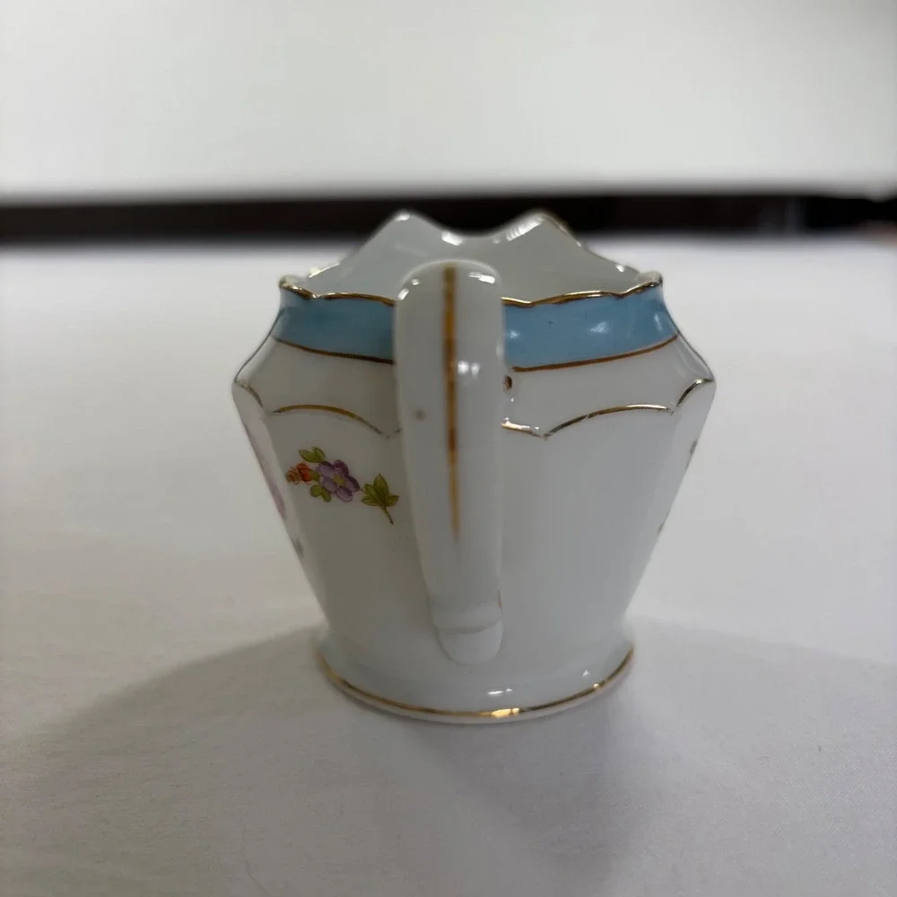 Vintage Noritake China Hand Painted Floral Creamer Sugar Egg Cup Set Blue Gold